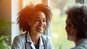 Profissional de saúde sorrindo em consulta com paciente